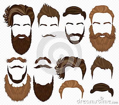 Man hair, mustache and beards collection. Hipster high detailed fashion elements on alpha background. Vector Illustration