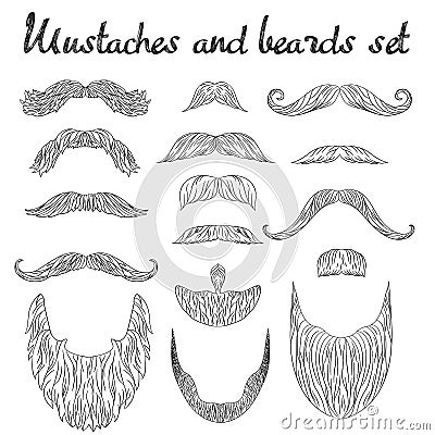 Man hair, mustache, beards collection. Hipster high detailed retro fashion elements. in outline line drawing style. Vector Illustration