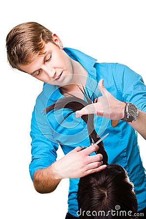 Man hairdresser working with scissors Stock Photo