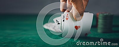 Man hand cards playing poker Stock Photo