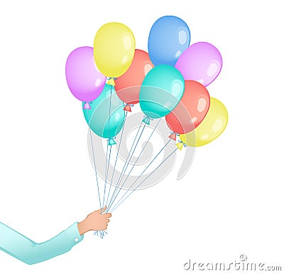 Man hand with colored flying balloons. Vector Illustration