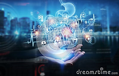 Man hand using digital x-ray of human intestine holographic scan projection 3D rendering Stock Photo