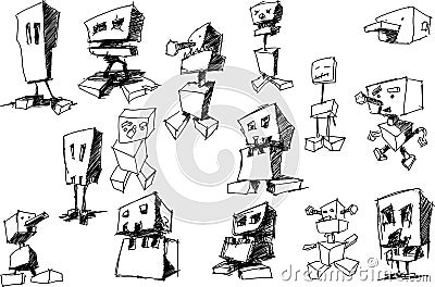 Man hand drawn sketches of funny robots Vector Illustration