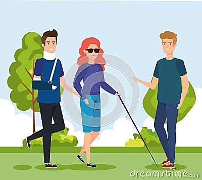Man with hand fracture and woman blind with stick Vector Illustration