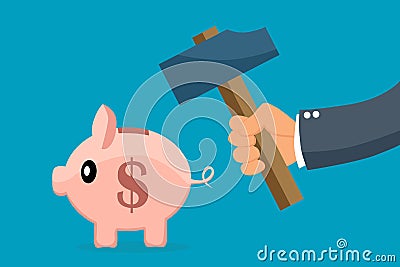 Breaking Barriers: Man Breaking a Piggy Bank with a Hammer Vector Illustration