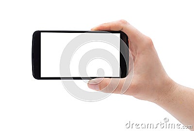 A man hand holding smart phone making photo isolated on white background. Stock Photo