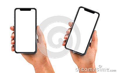 Man hand holding the black smartphone with blank screen Stock Photo