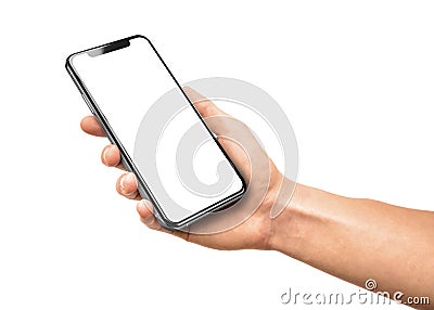 Man hand holding the black smartphone with blank screen and modern frame less design Stock Photo