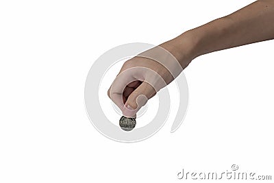 Man hand holding coin isolated on white background Stock Photo