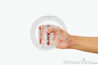 Man hand holding glass of drinking water isolated on white background Stock Photo