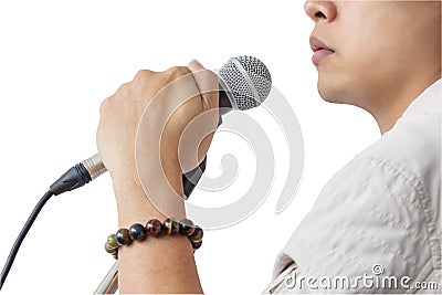 Man and hand holding Microphone stand sing song on whit Stock Photo