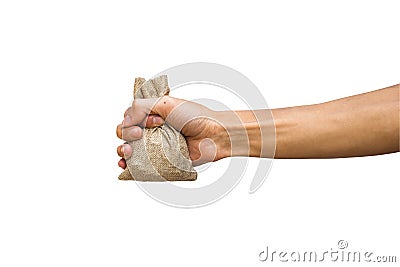 Man hand holding moneybag, brown sackcloth isolated on white Stock Photo