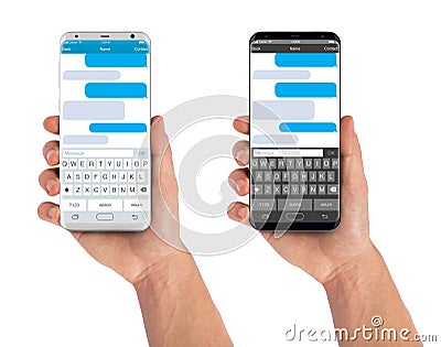 Man hand holding the smartphone with sms chat Stock Photo