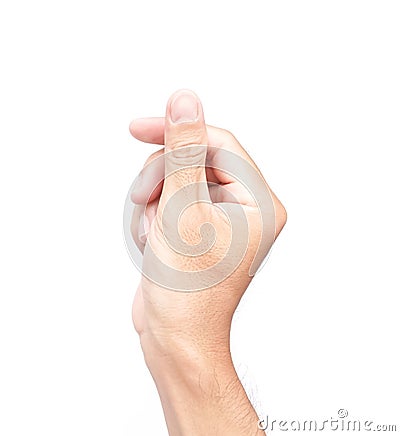 Man hand holding something on white background for text card pap Stock Photo