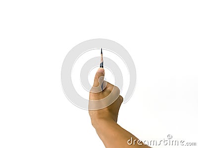 A man hand holding a very sharp pencil with his thumb in isolated white background Stock Photo