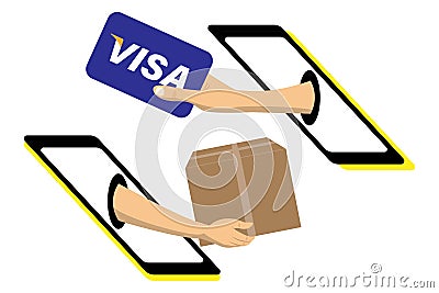 Man hand holds american credit card and pay for the package order shopping online. Payment by cash for express delivery Vector Illustration