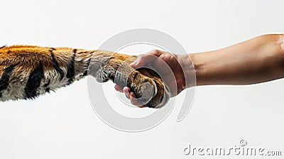 Man hand holds tiger paw on white background. Handshake. Animals and human friendship and cooperation. Generative AI Stock Photo