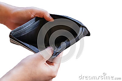 Man hand open an empty wallet on isolated white background with clipping path.Money risk poverty penniless and unemployment Stock Photo