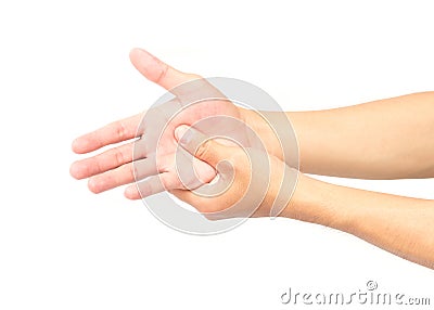 Man hand with pain on white background, health care and medical Stock Photo