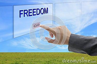 Man hand push Freedom Stock Photo