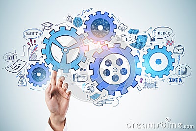 Man hand showing gears sketch Stock Photo