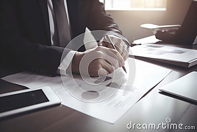 man hand signature business group businessman office document lawyer career contract. Generative AI. Stock Photo