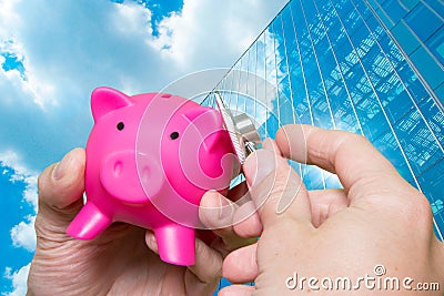 Man hand stethoscope pink piggy bank Isolated on white background. Health care cost. Financial state condition self assessment co Stock Photo