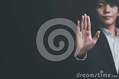 man hand stop sign, warning concept, refusal, caution, symbolic communication, preventing subsequent problems,Help Prevent Piracy Stock Photo