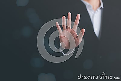 man hand stop sign, warning concept, refusal, caution, symbolic communication, preventing subsequent problems,Help Prevent Piracy Stock Photo
