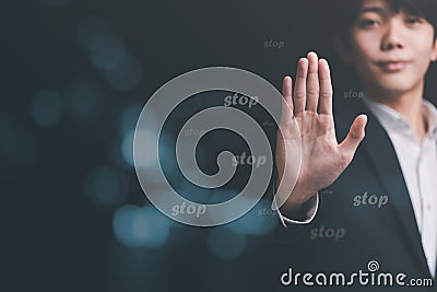 man hand stop sign, warning concept, refusal, caution, symbolic communication, preventing subsequent problems,Help Prevent Piracy Stock Photo