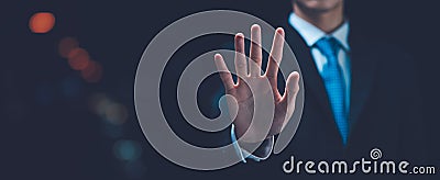 man hand stop sign, warning concept, refusal, caution, symbolic communication, preventing subsequent problems,Help Prevent Piracy Stock Photo