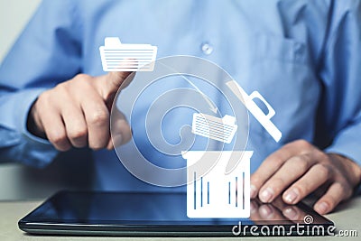 Man hand touching on file. Deleting files Stock Photo