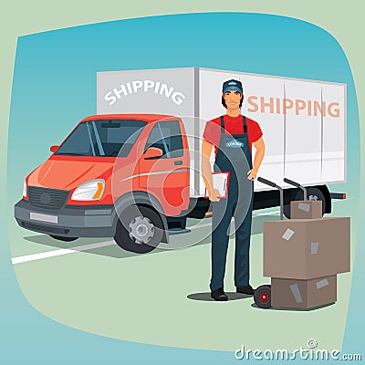 Man with hand truck trolley and box truck Vector Illustration