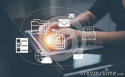 Man Hand of unrecognizable man using interactive electronic documents interface. Concept of hi tech and future of business, comput Stock Photo