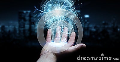 Man hand using digital artificial intelligence holographic projection 3D rendering Stock Photo