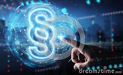 Man hand using law paragraph digital neon hologram 3D rendering Stock Photo