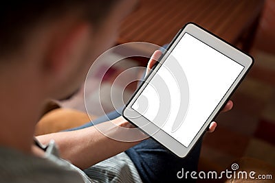 Man hand using white tablet with blank screen. Stock Photo