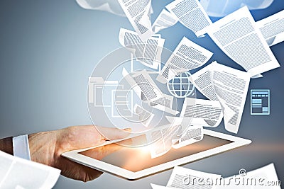 Man hand working with tablet, electronic documents Stock Photo