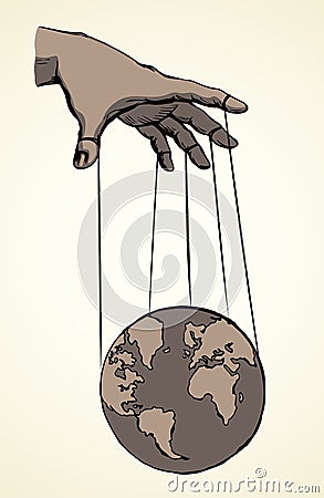 Man hand with a World map. Vector drawing concept Stock Photo