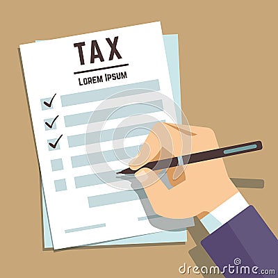 Man hand writing on tax form, business income taxation vector concept Vector Illustration