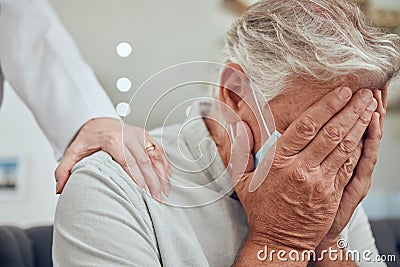 Man hands, covid face mask or sad in nursing home, house or hospital and bad news, cancer test results or anxiety Stock Photo