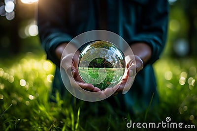 man hands hold glass globe earth Stock Photo