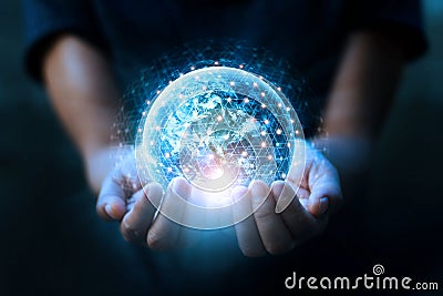 Man hands holding blue earth and global networking connection and data exchanges, global communication network concept, Elements Stock Photo