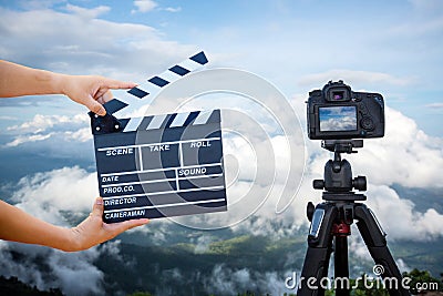 Man hands holding movie clapper.Film director concept.camera show viewfinder image Stock Photo