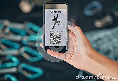 Man, hands and phone qr code for rock climbing, mountain sports and energy fitness for workout, training and exercise Stock Photo