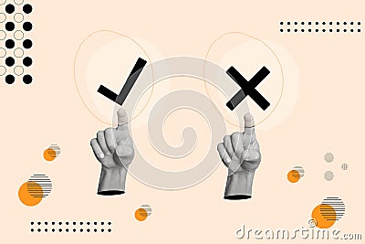 Man hands pointing black check mark and cross mark inside circles on a beige background with circles and dots Stock Photo