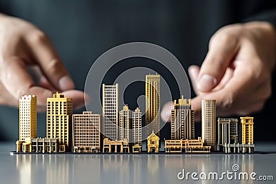 Man hands presenting residential buildings model, architect and property development concept. Generative AI Stock Photo