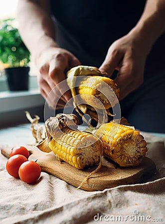 Man hands with roasted corn close up image Stock Photo
