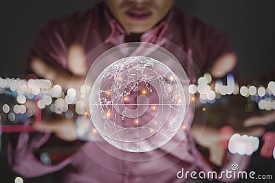 A man hands save global, computer graphic light design and bokeh for technology and business concept Stock Photo