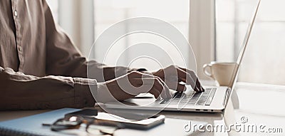 Man hands typing on computer keyboard closeup, businessman or student using laptop at home, panoramic banner Stock Photo